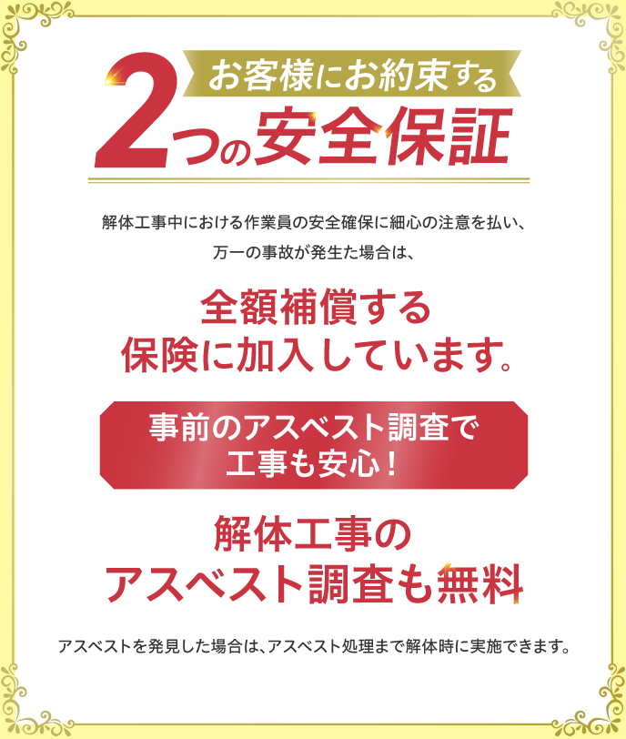 お客様にお約束する２つの安全保証　解体工事中における作業員の安全確保に細心の注意を払い、万一の事故が発生た場合は、全額補償する保険に加入しています。事前のアスベスト調査で工事も安心！解体工事のアスベスト調査も無料　アスベストを発見した場合は、アスベスト処理まで解体時に実施できます。