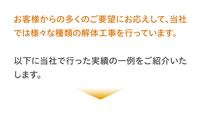 お客様からの多くのご要望にお応えして、当社では様々な種類の解体工事を行っています。以下に当社で行った実績の一例をご紹介いたします。