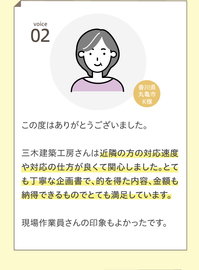 voice02 この度はありがとうございました。三木建築工房さんは近隣の方の対応速度や対応の仕方が良くて関心しました。とても丁寧な企画書で、的を得た内容、金額も納得できるものでとても満足しています。現場作業員さんの印象もよかったです。